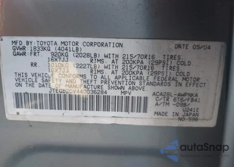 2004 Toyota Rav4 from USA, damaged, VIN JTEGD20V440036284